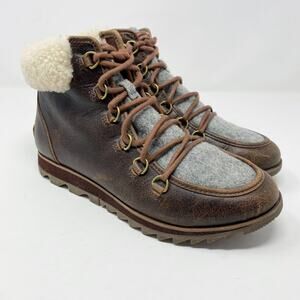 Sorel Brown Leather Harlow Cozy Lace Up Ankle Boots Women's Size 8 EUC